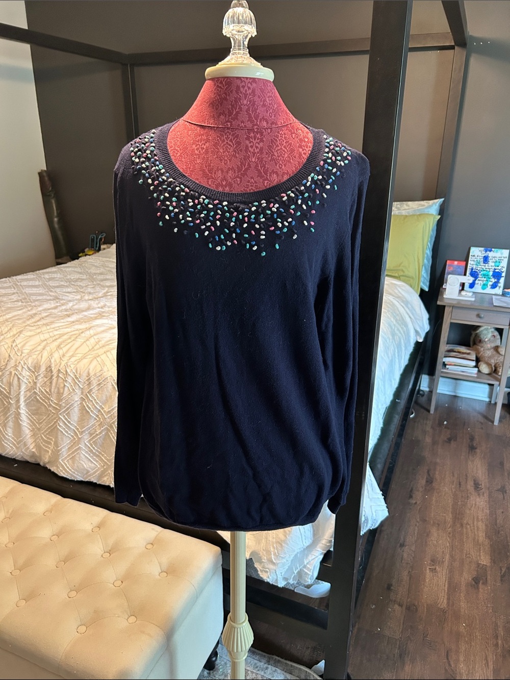 Talbots Navy Colorful Twist Embroidery -Neckline Sweater